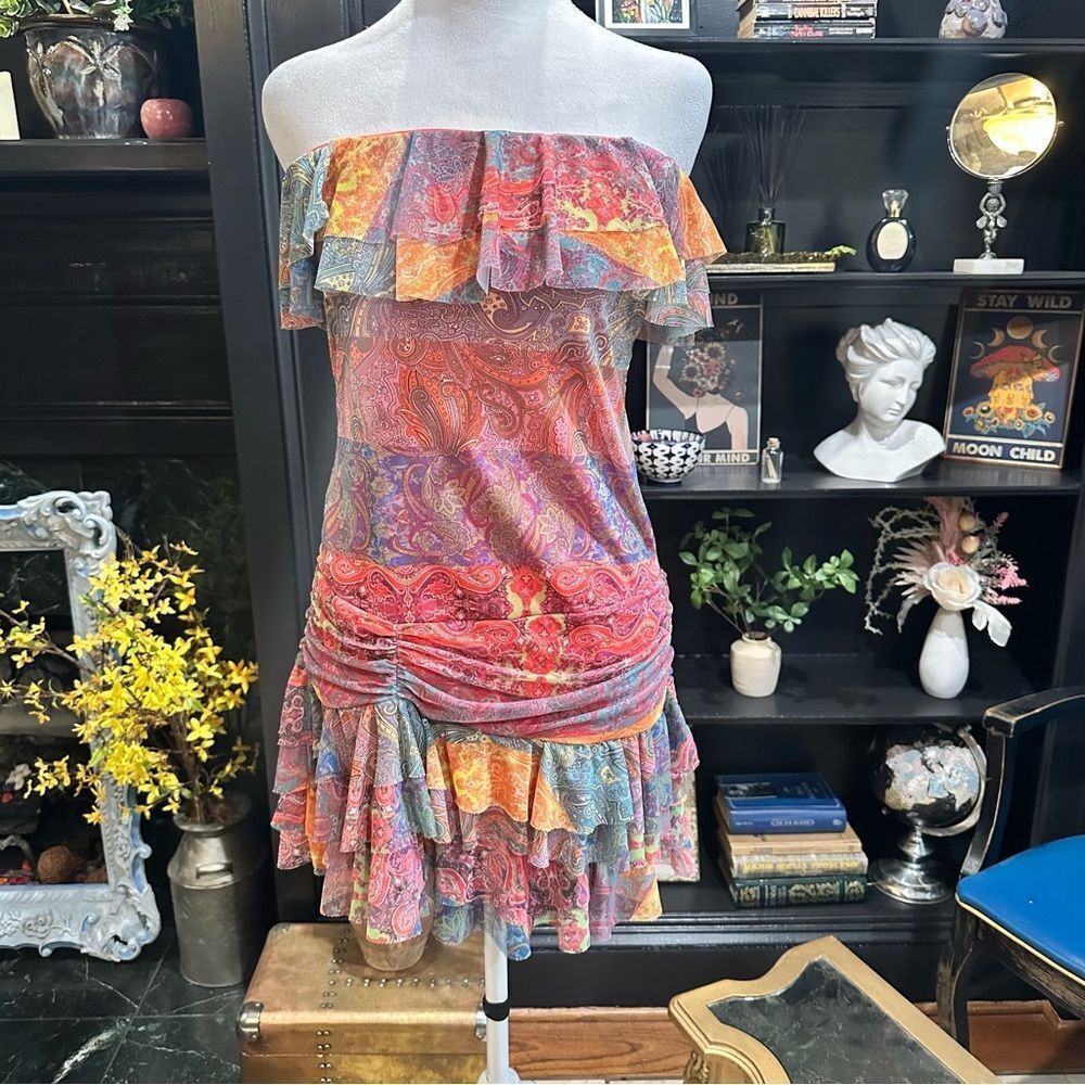 PrettyLittleThing Multicolor Paisley Ruffle Strapless Mini Dress